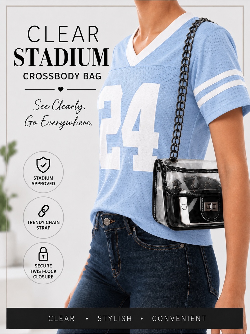 Clear Stadium-Approved Crossbody Bag | Transparent Purse with Chain Strap